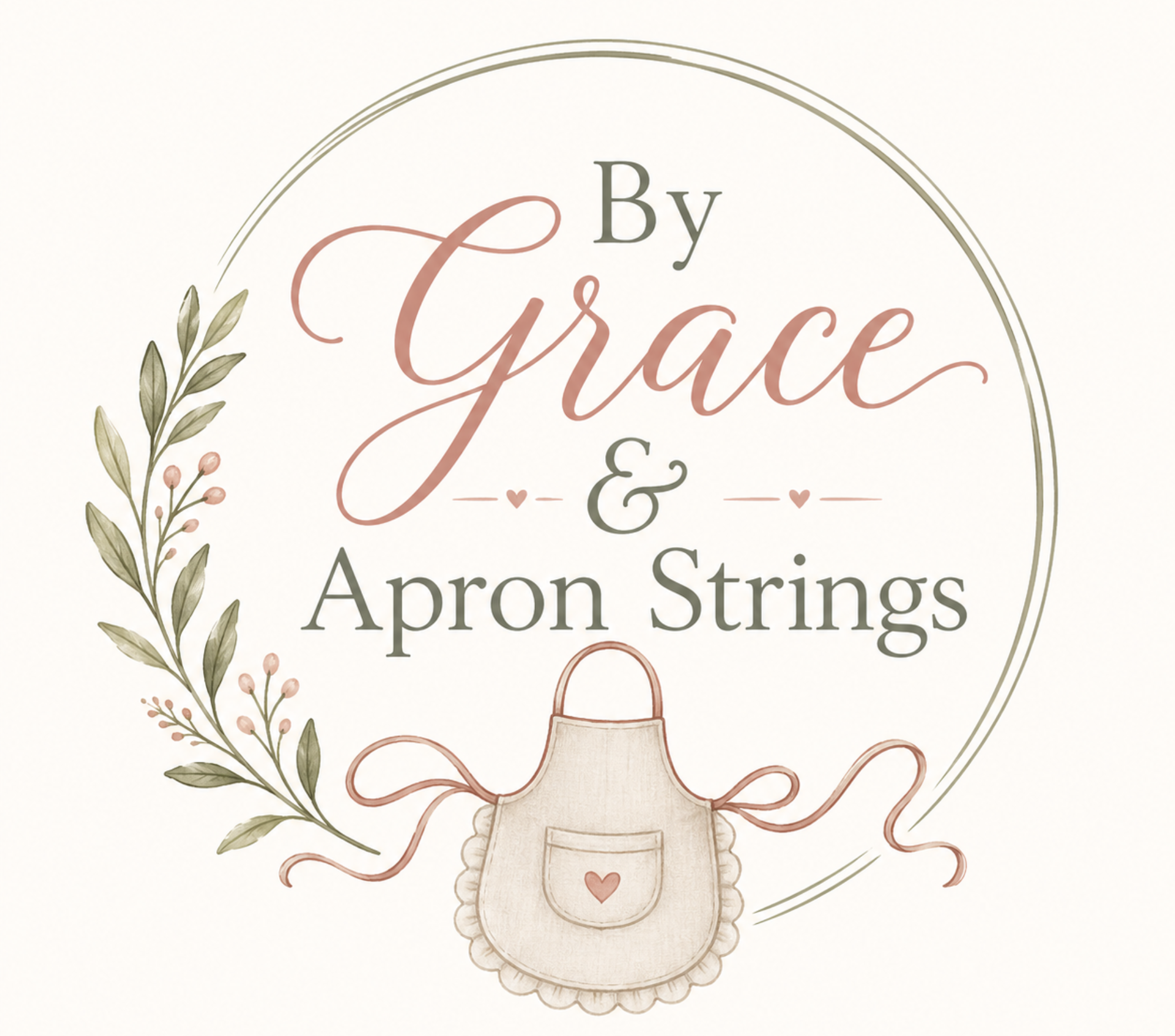 By grace and apron strings logo in circle with an apron and greenery